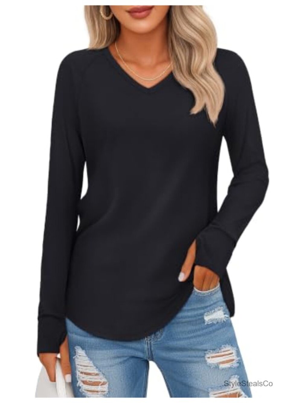 Long Sleeve V Neck Thumb Hole Loose Tunic Tee for Women
